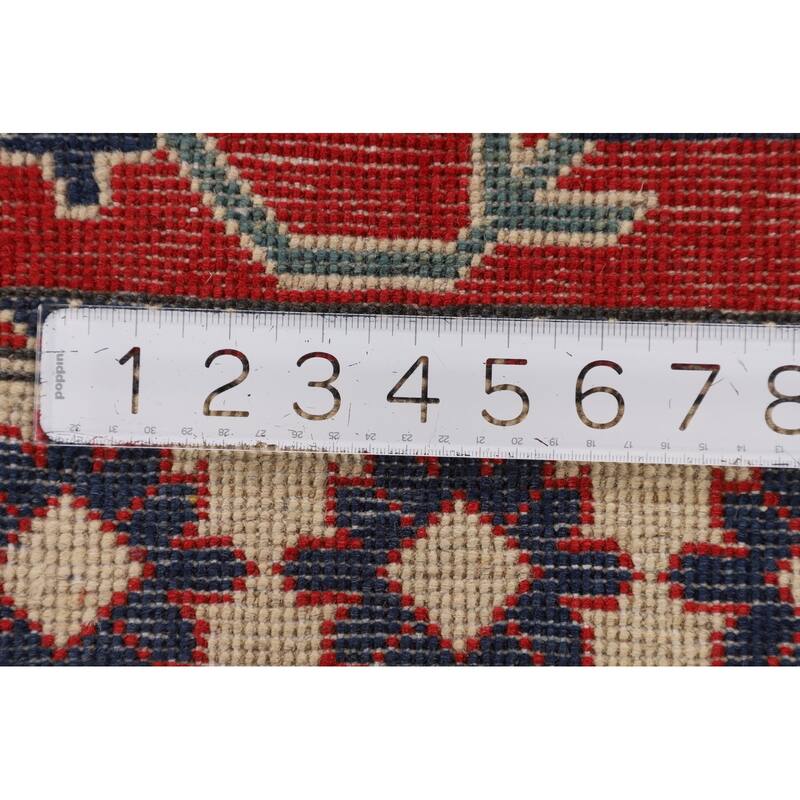 Geometric Red Kazak Oriental Accent Rug Hand-Knotted Wool Carpet - 3'5" x 4'11"