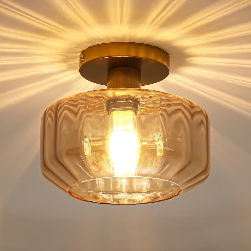 Vintage Amber Glass Semi Flush Mount Ceiling Light - D 8.7" x H 7"