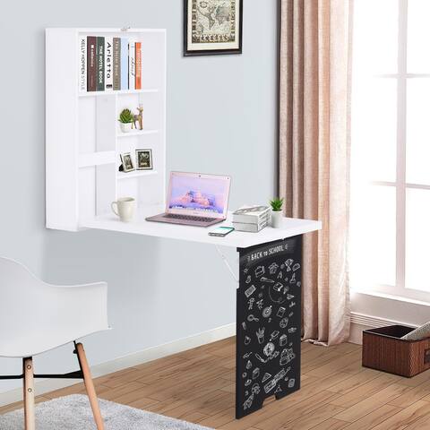 HOMCOM Wall Mounted Foldable Desk for Writing or Computer, with a Blackboard for Notes, Book Storage, and Space Saving