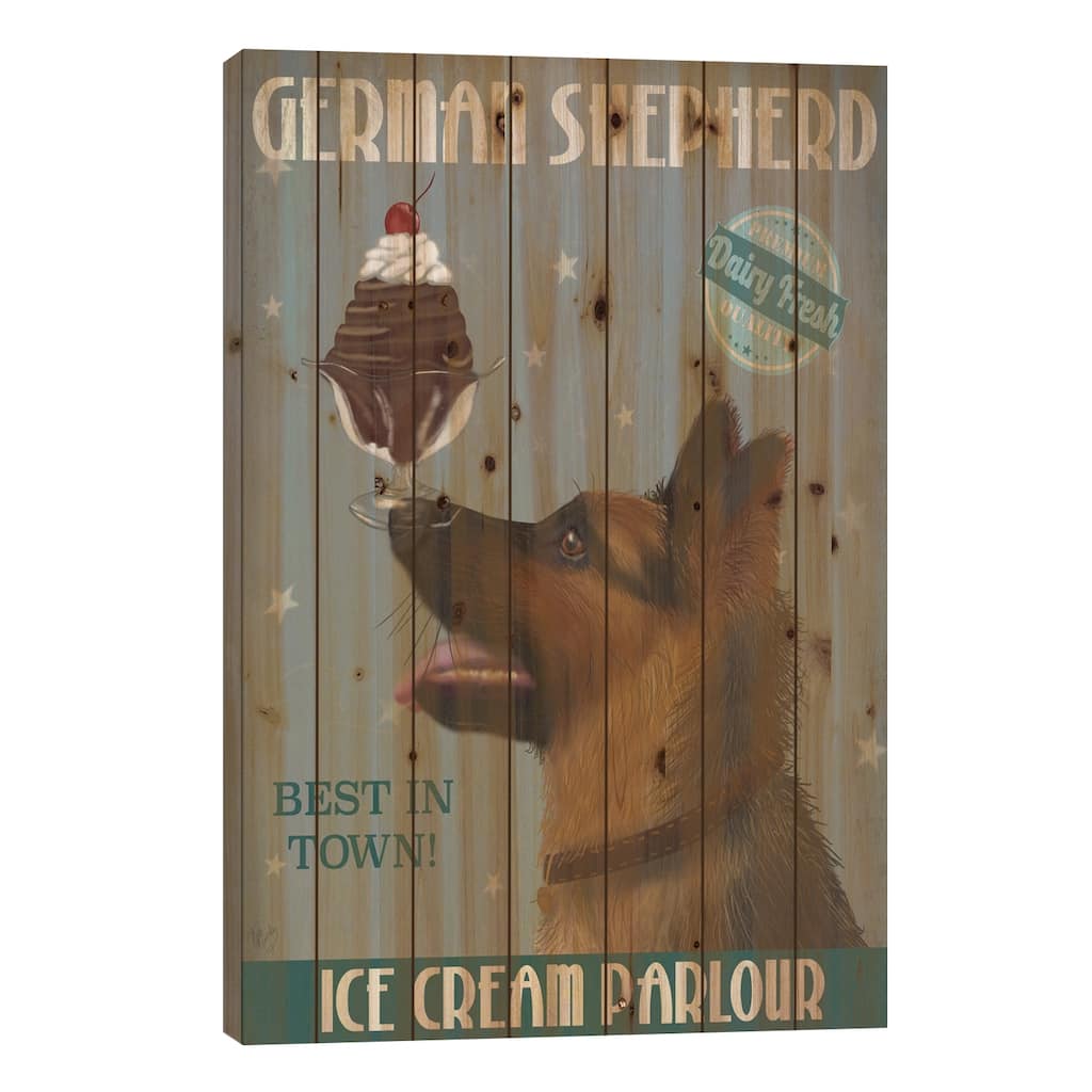 German Shepherd Ice Cream Print On Wood by Fab Funky - Multi-Color