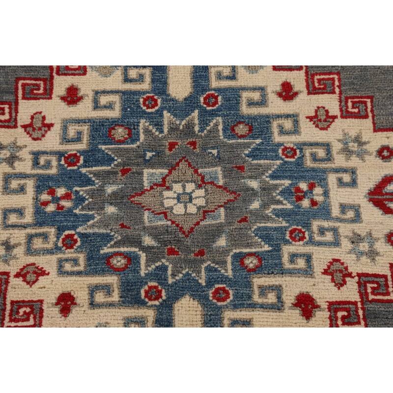 Hand Knotted Oriental 100% Wool Carpet Traditional Geometric Greys & Charcoal Kazak Area Rug - 9' 6'' X 6' 11''
