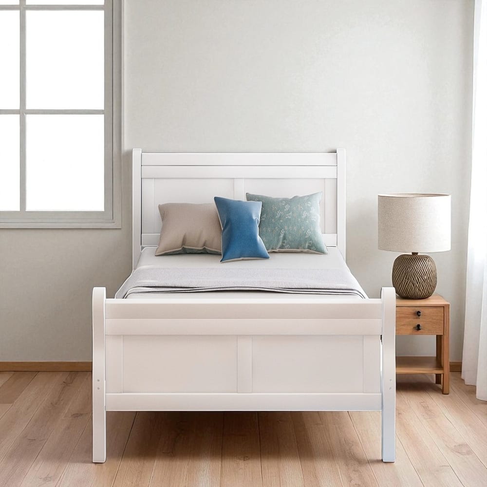 Twin Size Wood Platform Bed Frame with Slat Support, Sleigh Headboard and Footboard, No Box Spring Needed