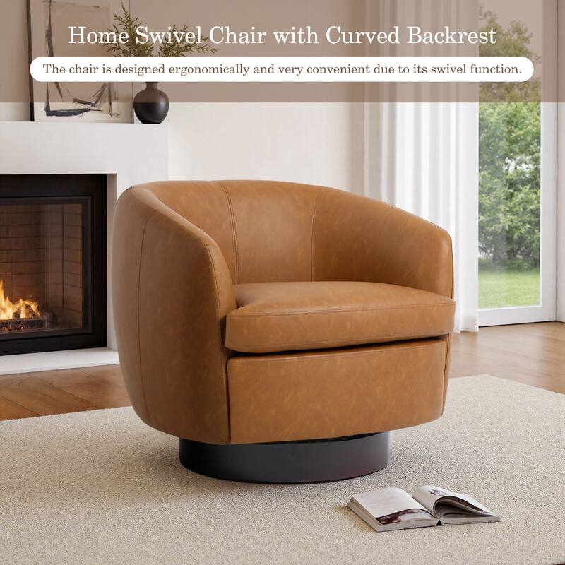 Leather Upholstered Swivel Barrel Accent Chair With Wood Base