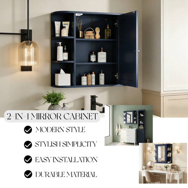 Bathroom Wall Storage Cabinet with Mirror, with Adjustable Wood Shelf & Doors, Mounted Storage Cabinets with 6 Open Shelves