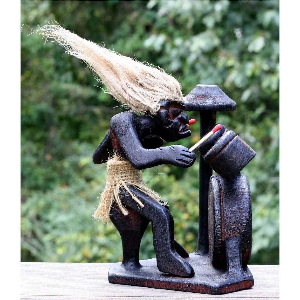 Primitive Tribal Statue with Drum Kit Tiki Bar Drummer Band Unique Gift - 6" tall x 5" wide x 5" deep
