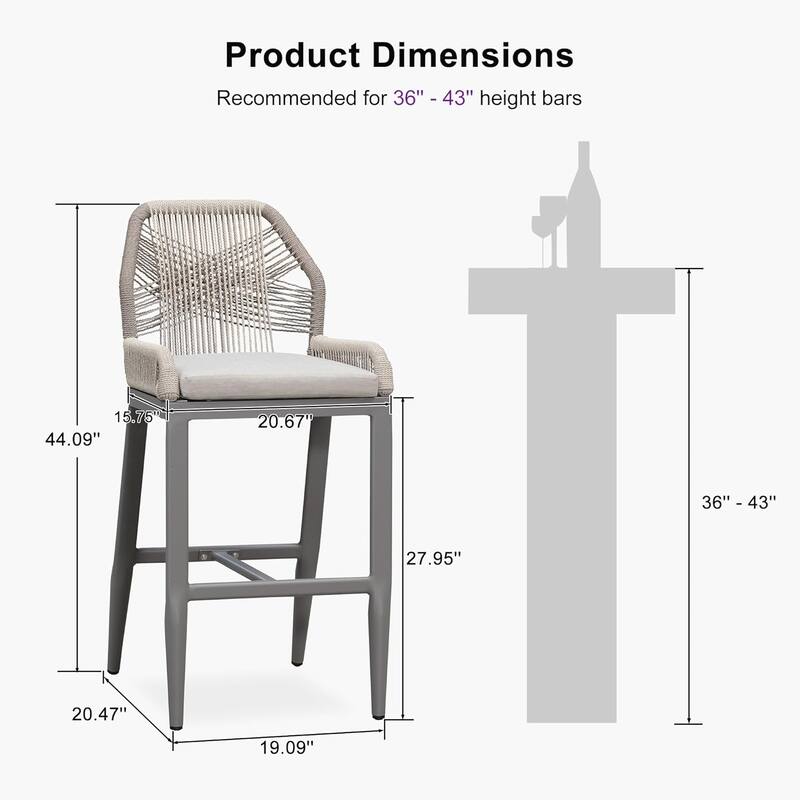 PURPLE LEAF Outdoor Bar Stools Chair Set of 2, All Weather Rattan and Aluminum Patio Bar Stool with Cushion