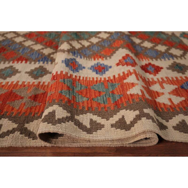 Reversible Geometric Kilim Area Rug Hand-Woven Wool Carpet - 8'2" x 10'5"