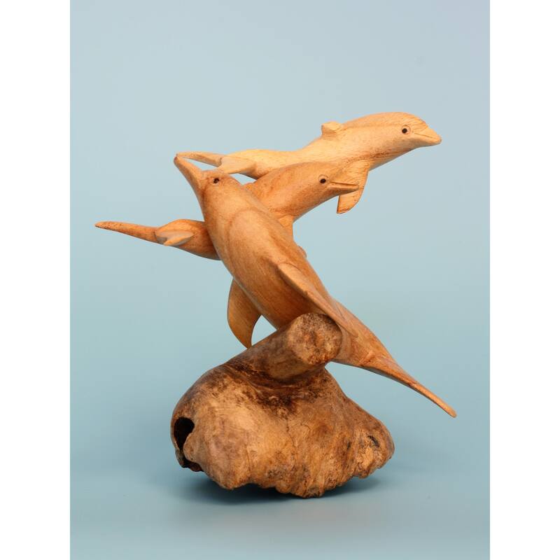 Wooden Hand Carved 3 Dolphins Statue Sculpture Wood Decorative Home Decor Accent Figurine Handcrafted Handmade Tropical Nauti