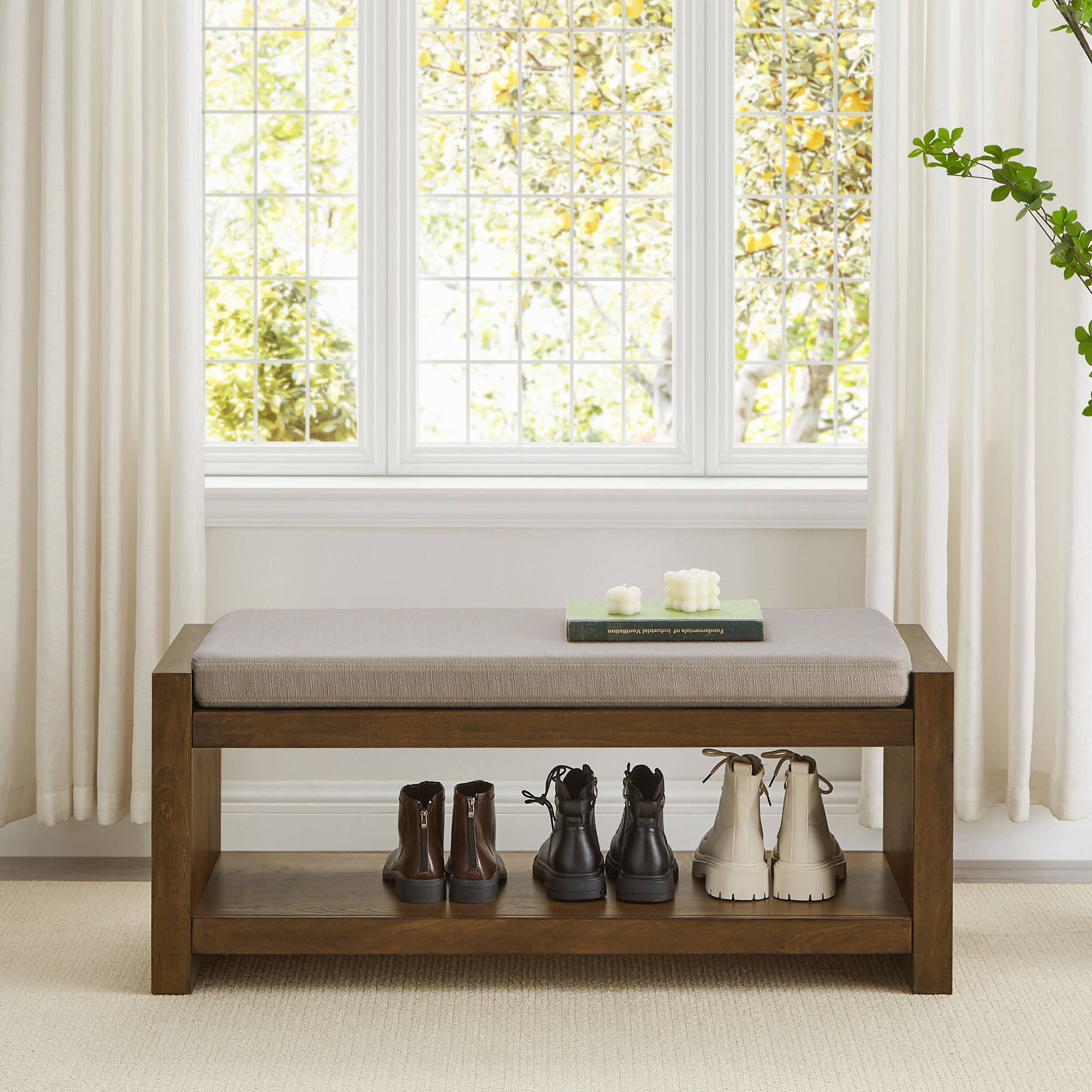 Accent Bench With Lower Shelf Shoe Rack And Removable Cushion