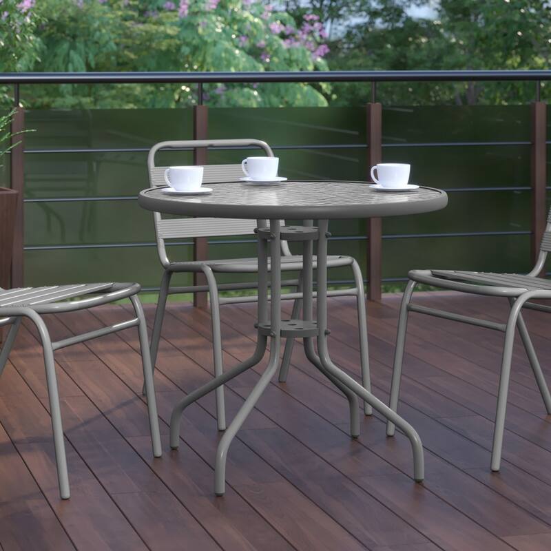 31.5" Round Tempered Glass Metal Table with Smooth Ripple Design Top