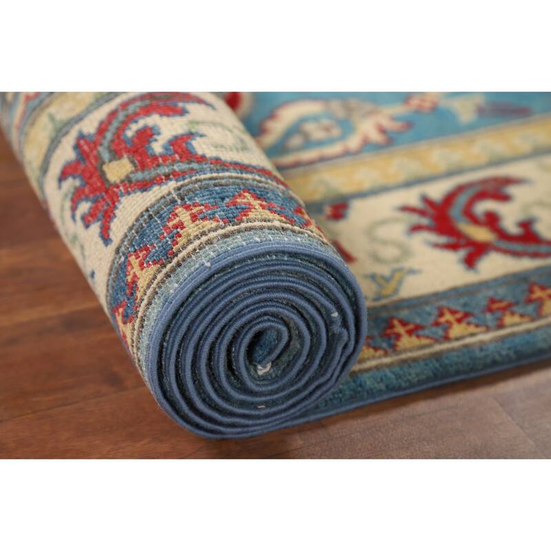 Blue Geometric Kazak Oriental Runner Rug Handmade Wool Carpet - 2'9" x 9'8"