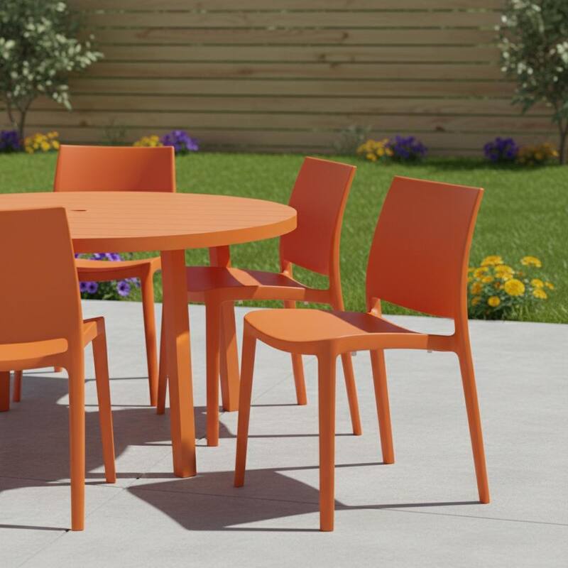 Set of Four Orange Heavy Duty Plastic Outdoor Stacking Dining Chairs - Orange