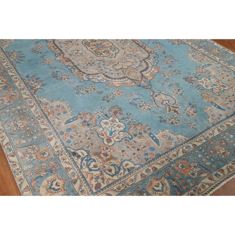 Light Blue Medallion Tabriz Persian Rug Hand-Knotted Wool Carpet - 7'9"x 11'3"