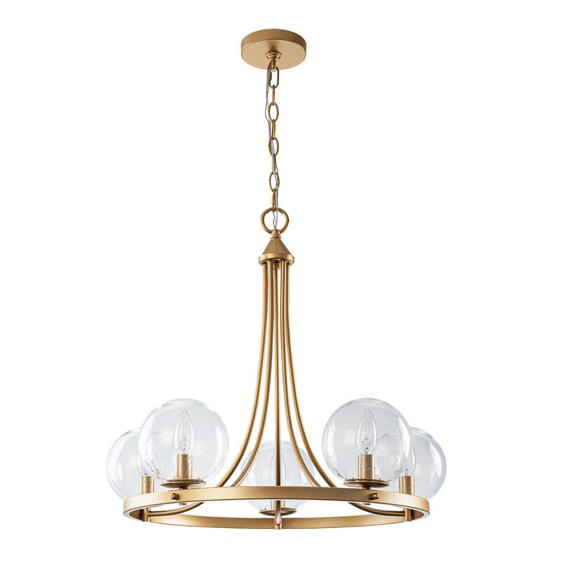 24.4" W 5-Light Mid-Century Modern Gold Wagon Wheel Ring Chandelier with Seeded Glass Globe Shades for Living & Dining Room