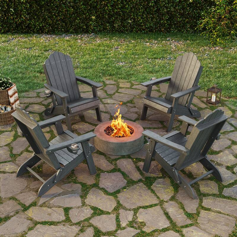 Foldable HDPE Adirondack Chair All-Weather W/ Cup Holder - Gray - 4-Piece