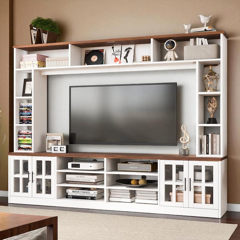 95.5" Wall Unit Entertainment Center for TVs up to 80", Modern Media Console with Bookshelves, Glass Doors, Adjustable Shelves - White