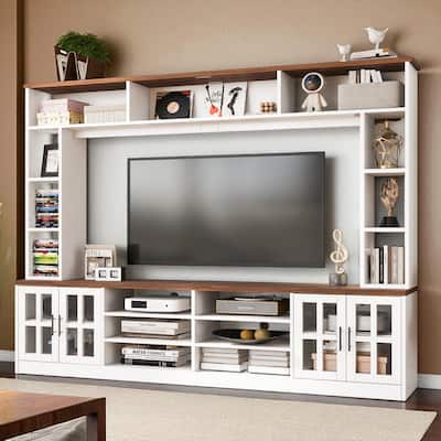 95.5" Wall Unit Entertainment Center for TVs up to 80", Modern Media Console with Bookshelves, Glass Doors, Adjustable Shelves