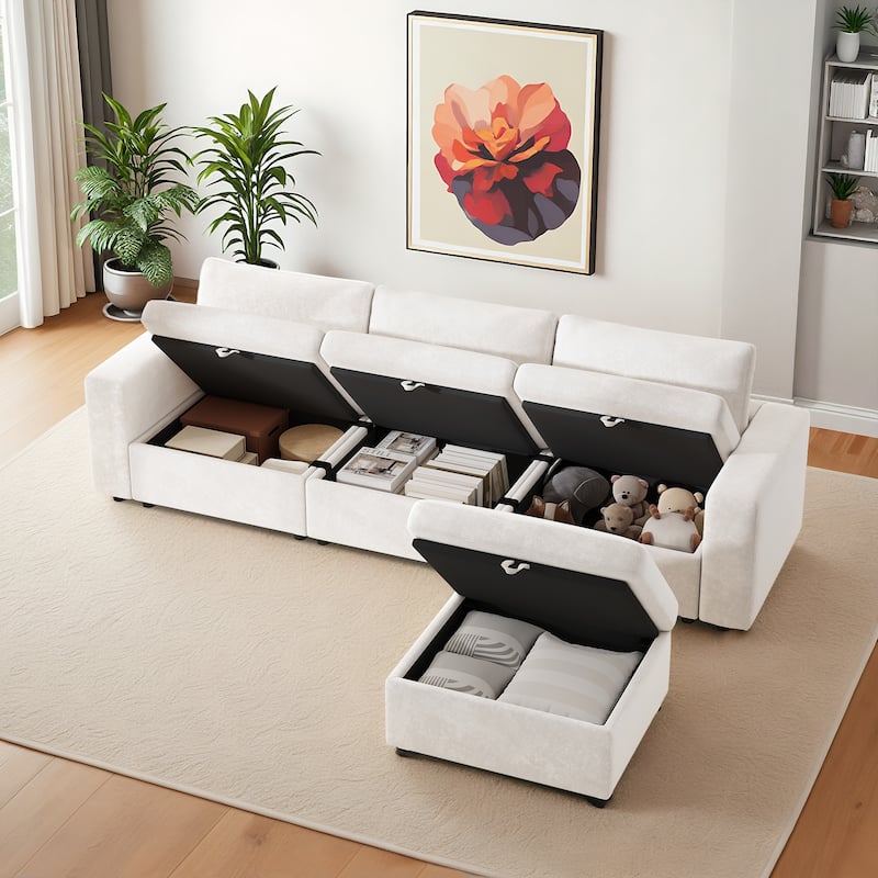 Velvet Upholstered Modular Deep Seating Couches L-shaped Chaise Sectional Sofa with Side Pockets, Storage Ottoman and Seat