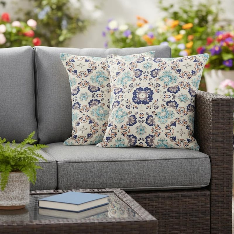 HomeRoots Set of Two 16" X 16" Blue and Off White Blown Seam Floral Indoor Outdoor Throw Pillow - 16.00' X '16.00' X '5.00 - Blue/Off White - 16.00' X '16.00' X '5.00