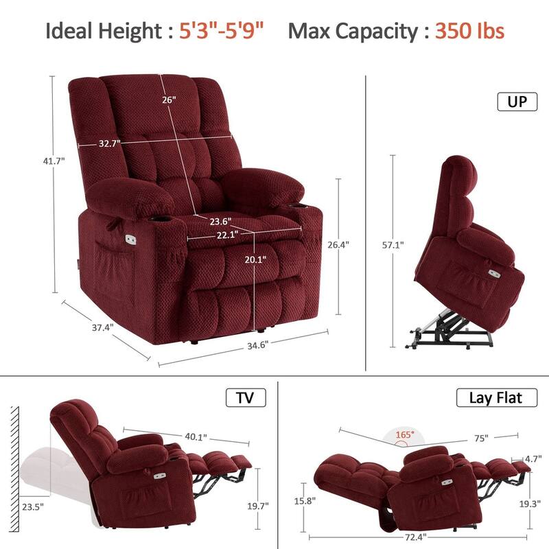 MCombo Medium Dual Motor Power Lift Recliner Chair Infinite Position, Massage and Heat, Extended Footrest, Fabric 7890