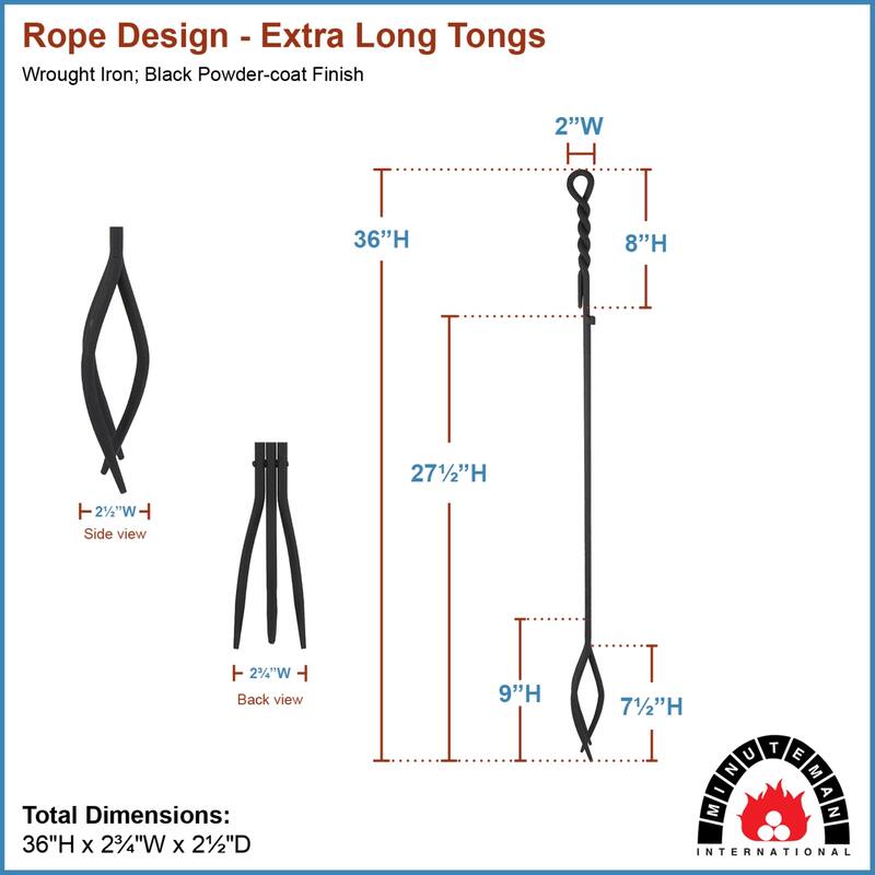 Achla Designs Extra Long Rope Design Fireplace Tongs, 36 Inch Tall, Black