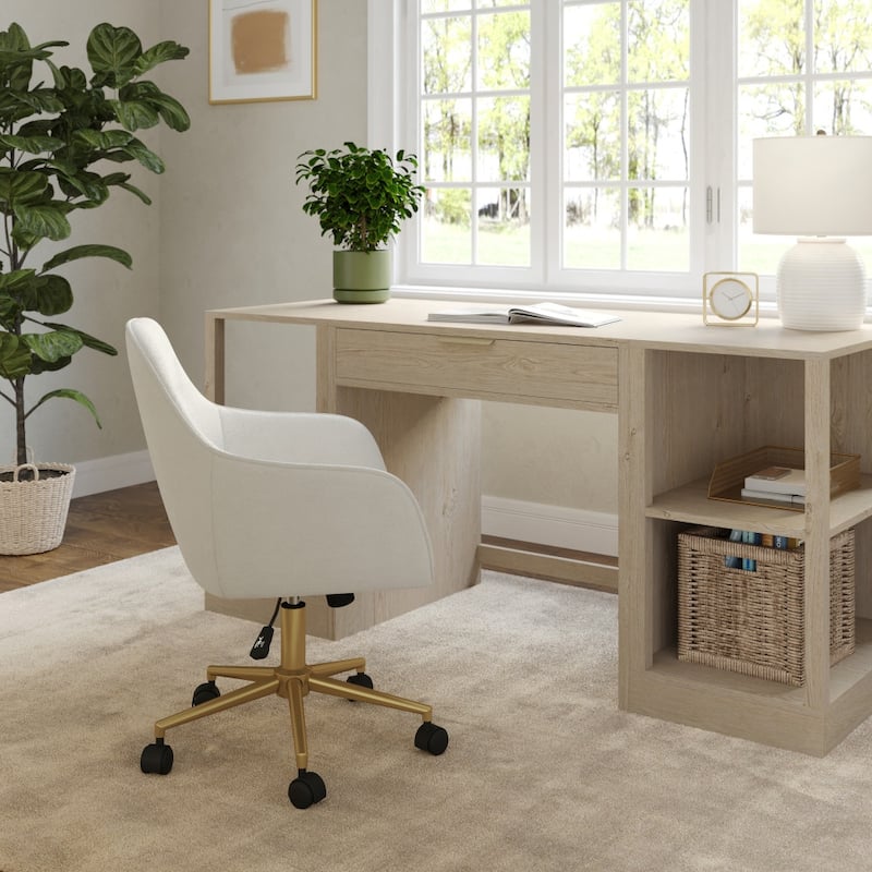 Martha Stewart Rayna Upholstered Swivel Office Chair with Metal Frame -  Off White Fabric/Polished Brass Frame