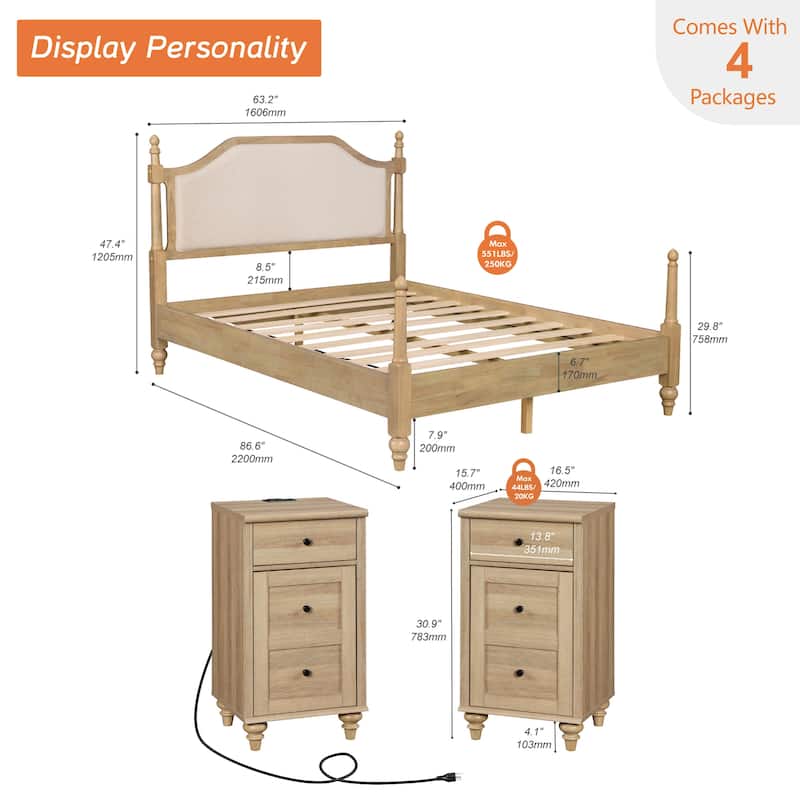 3 Piece Bedroom Set, Queen Size Bed Frame & Set of 2 Nightstands, Oak