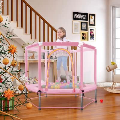 55'' Toddlers Trampoline with Safety Enclosure Net and Balls, Indoor Outdoor Mini Trampoline for Kids