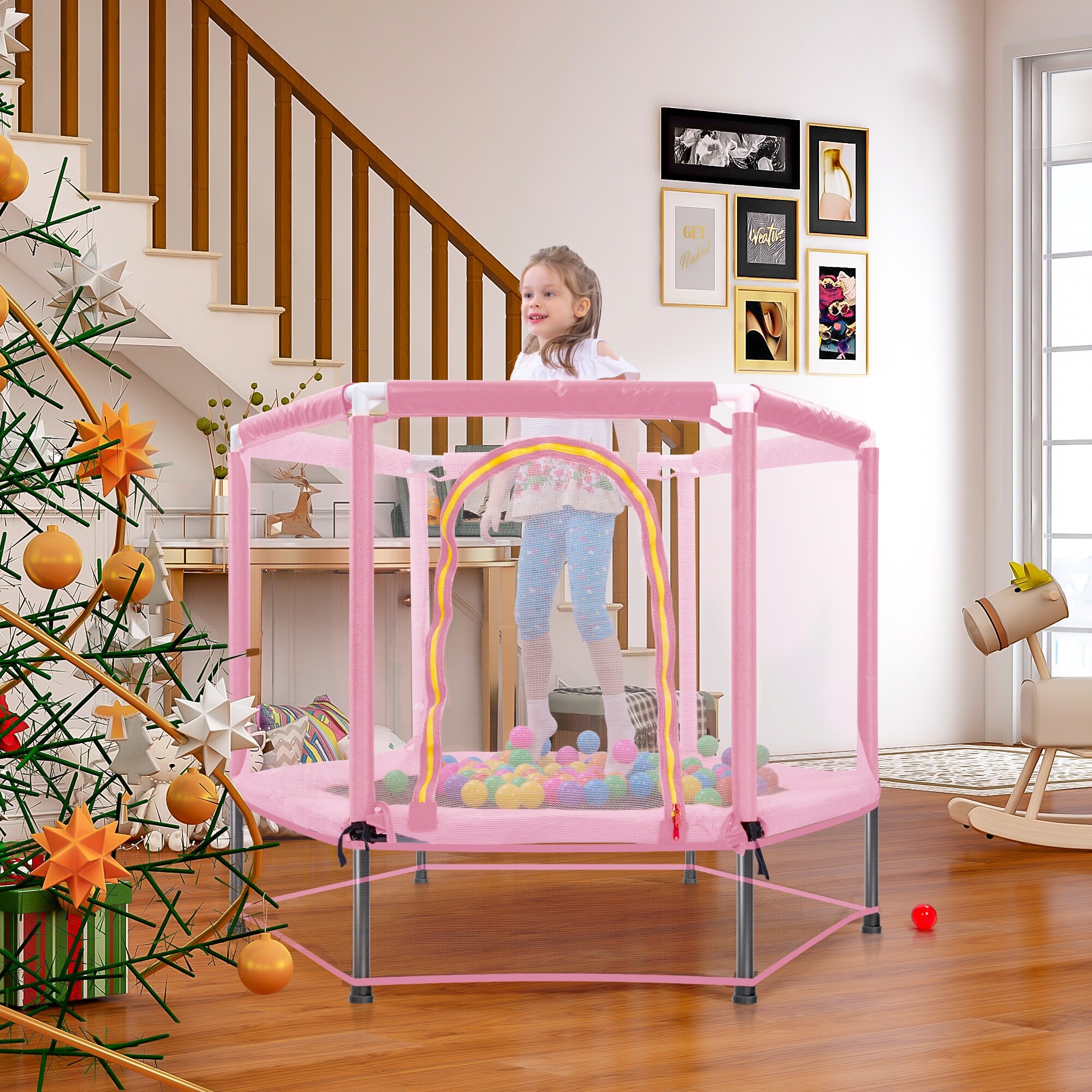 55 Toddlers Trampoline with Safety Enclosure Net and Balls Indoor Outdoor Mini Trampoline for Kids Bed Bath Beyond 40498649