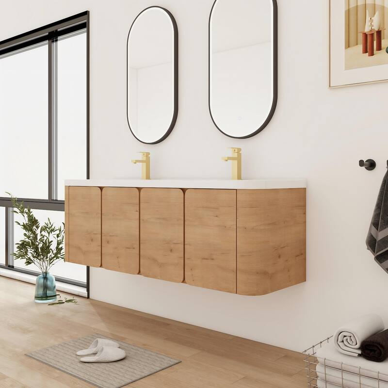 Bathroom Vanity With Resin Sink In 48/60 Inch, Floating Bathroom Vanity With Soft Close Doors