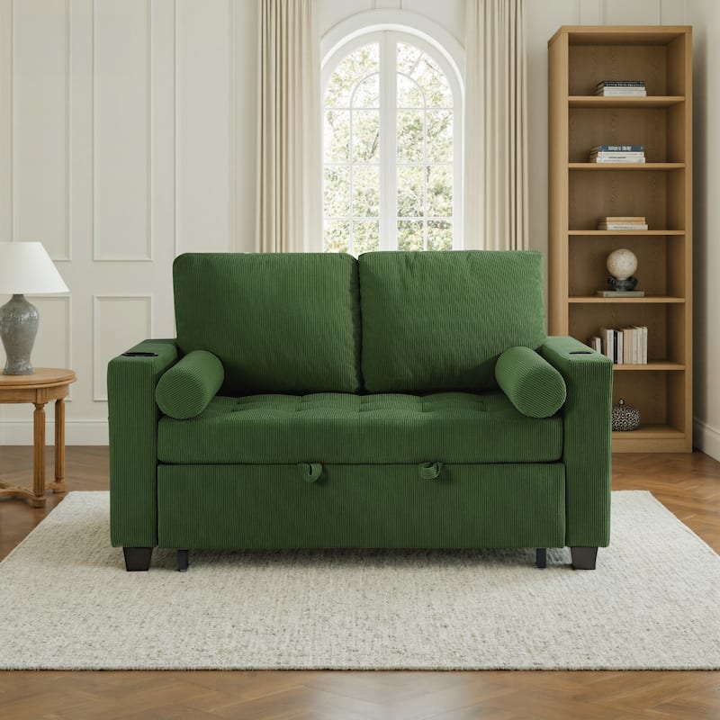 Corduroy Convertible Loveseat Sofa Bed Recliner with Cup Holder, USB Ports