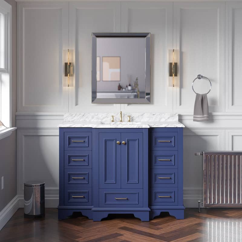KitchenBathCollection Nantucket 48" Bathroom Vanity with Carrara Marble Top - Royal Blue