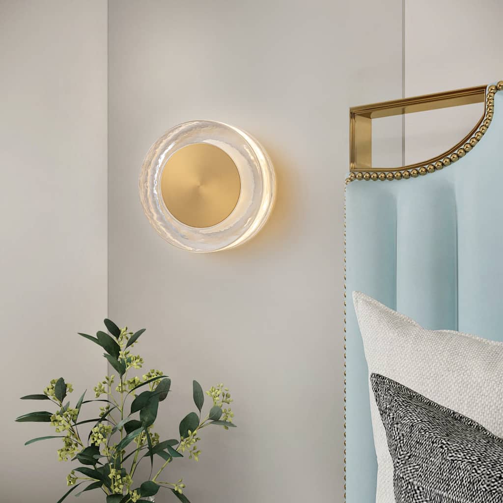 Round LED Wall Sconce Clear Textured Handblown Glass Shade Dimmable