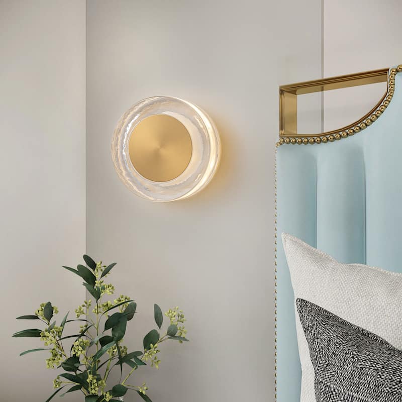 Round LED Wall Sconce Clear Textured Handblown Glass Shade Dimmable - Gold