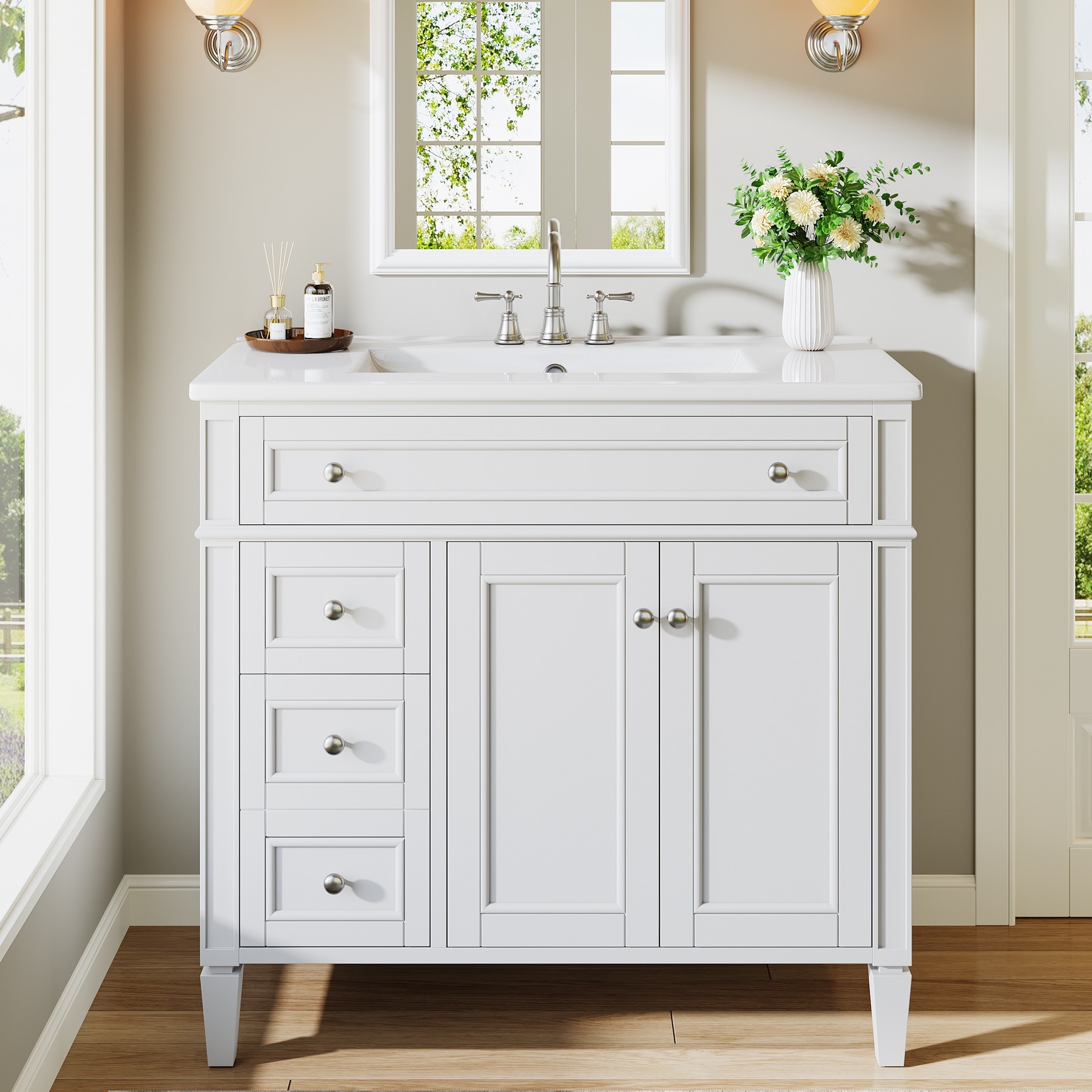 36'' Freestanding Bathroom Vanity with Integrated Ceramic Sink, Tip-Out Drawer, Door Organizer