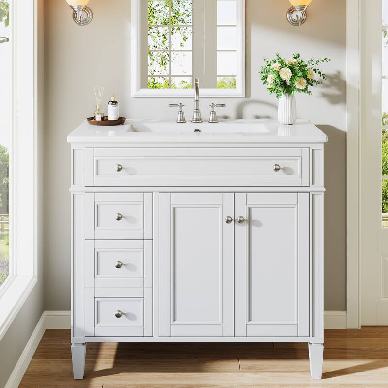 White Modern Wooden Bathroom Vanity with Basin, Floor Storage Cupboard
