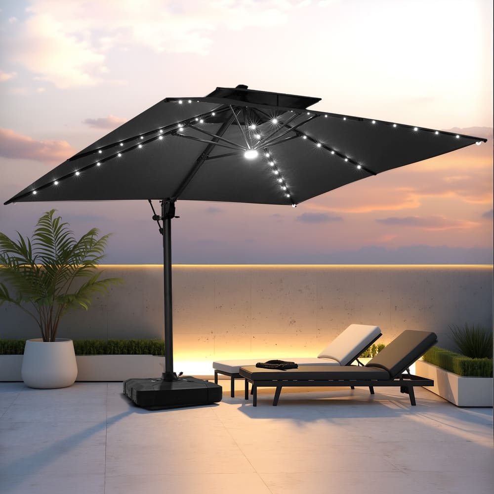 Pellebant 10 x 13FT Outdoor Rectangular Cantilever Patio Umbrella Solar LED Lighted with Wheel Base