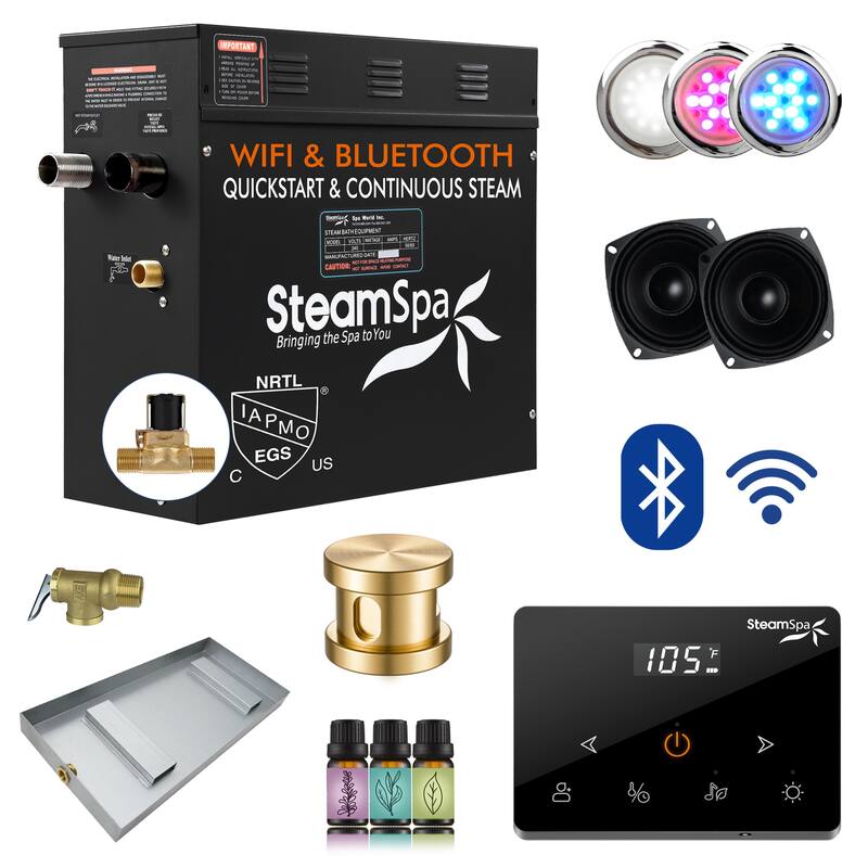 Black Series Steam Bath Generator with Fully Wireless Remote, BLUETOOTH, WIFI, and Auto Drain - 7.5 KW - Gold
