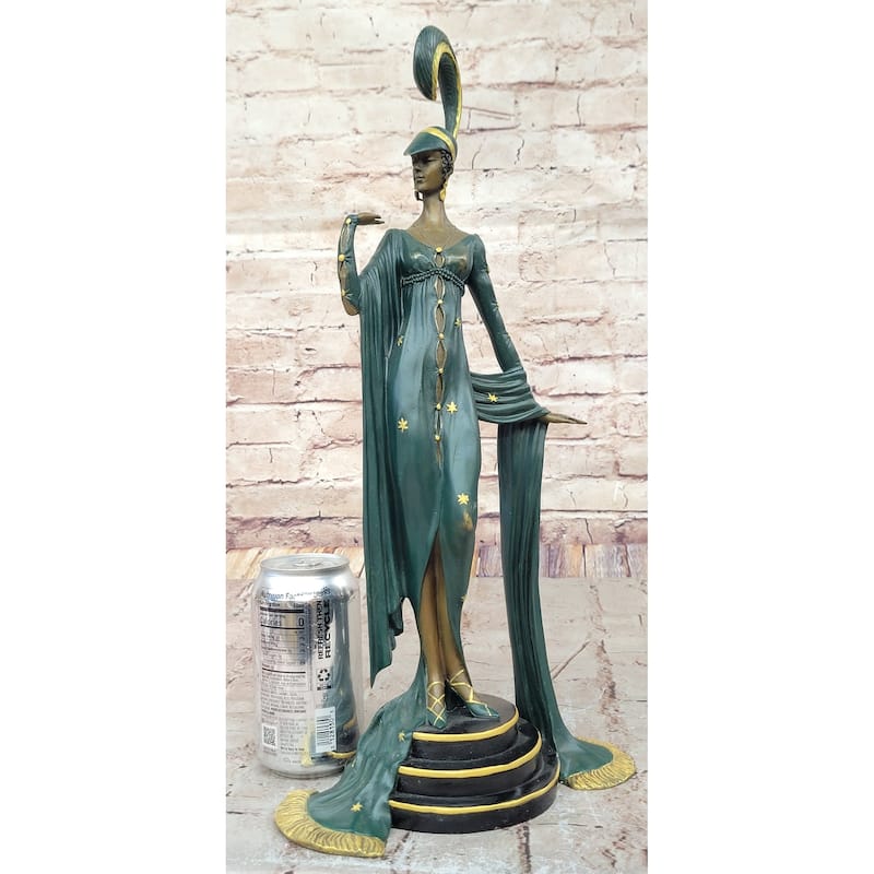 J. Erte Art Deco Bronze Lady Statue – Glamorous Figurine In Flowing Gown With Star Accents On Marble Base