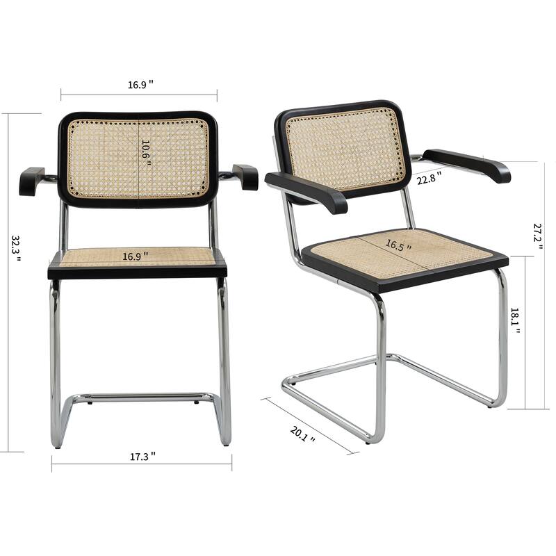 Set of 2 Barnard Black Wooden Dining Chair with Rattan Back and Chrome Legs