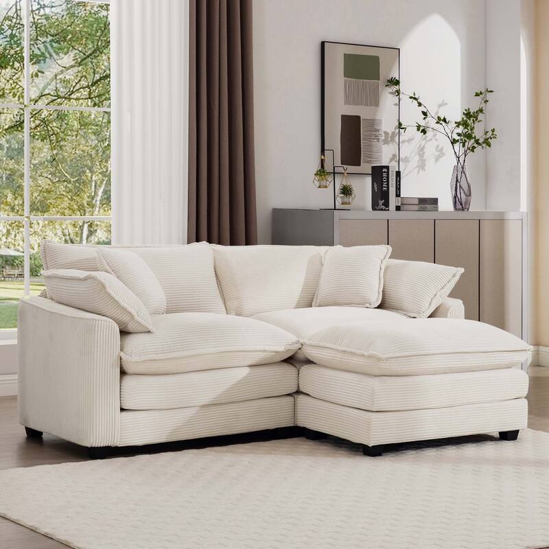 Beige Corduroy Cloud L-Shaped Sectional Sofa with Removable Ottoman and 4 Pillows