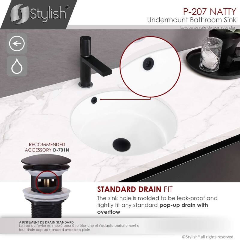 STYLISH 16 inches Round Undermount Ceramic Bathroom Sink with 2 Overflow Finishes - 16" x 16" x 7"