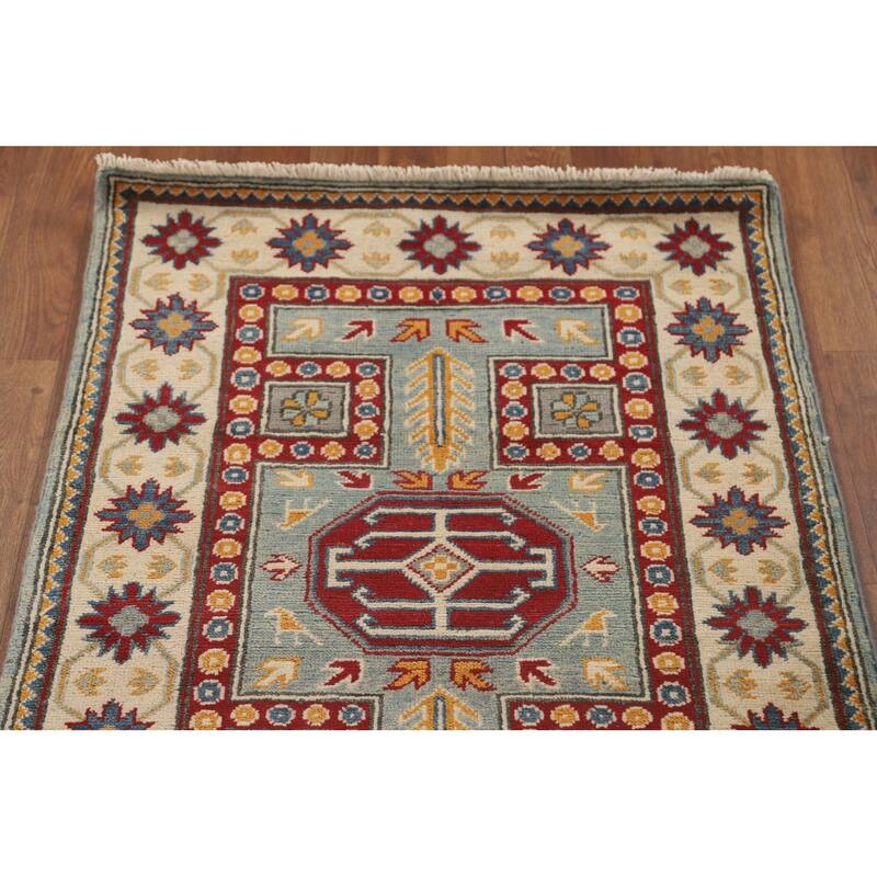 Geometric Kazak Runner Rug Hand-Knotted Wool Carpet - 2'8" x 13'6"