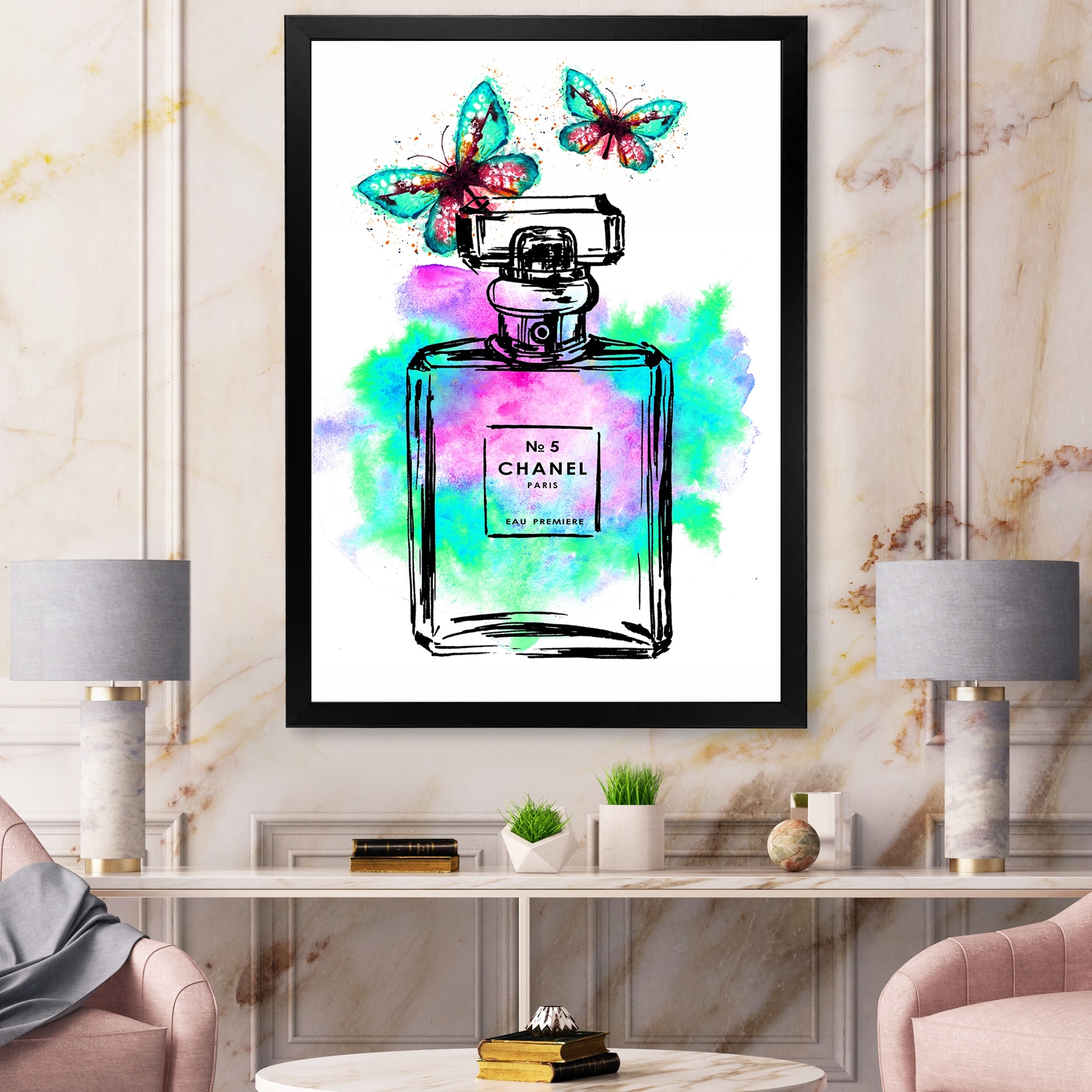 Designart Perfume Chanel Five III Modern Framed Art Print - Bed