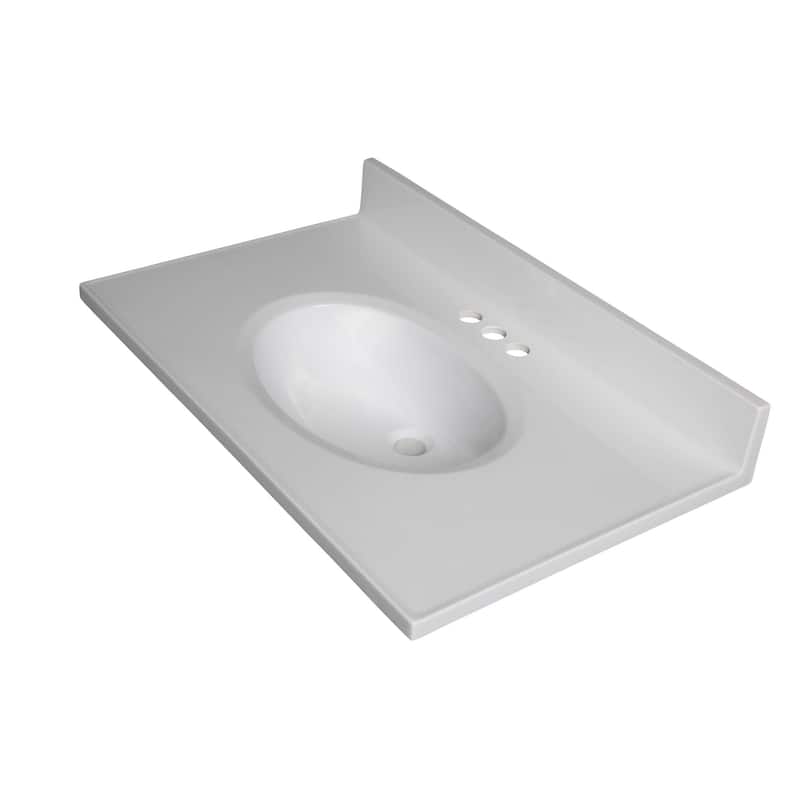 Fine Fixtures White Cultured Marble Top With Integrated Sink, 4" Backsplash and Overflow Included.