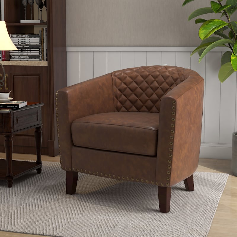 Ethan Accent Chair Barrel PU Leather with Nailhead Trim - Brown