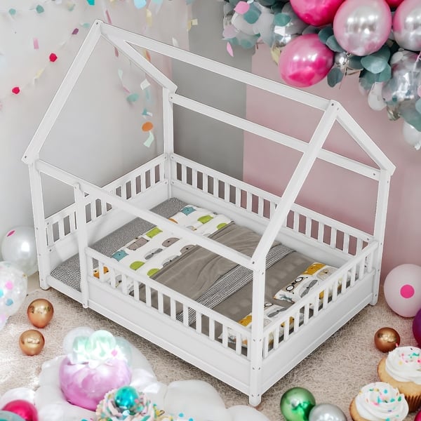 slide 2 of 22, Full Size Floor House Bed with Fence Guardrails White