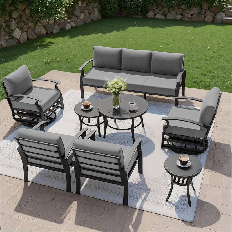 Kullavik Aluminum Outdoor Patio Sectional Sofa Set with Swivel Rocking Chairs and Coffee Table - Grey - 7-Seats-Round Table