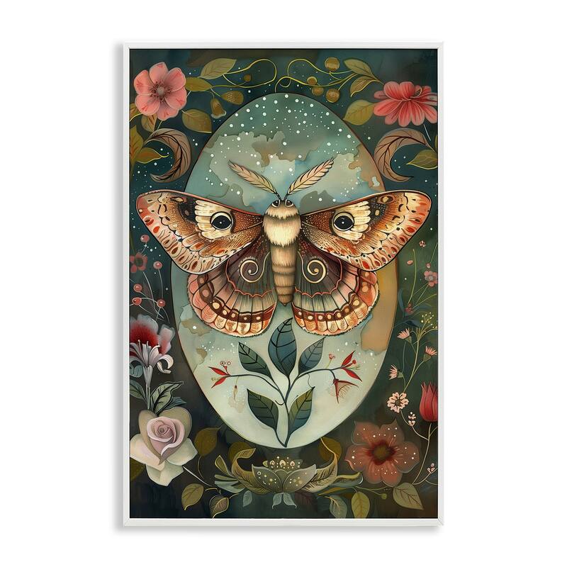 Stupell Moth with Blooming Florals Framed Giclee Art Design By The Dutch Lady - 20 x 30 - White