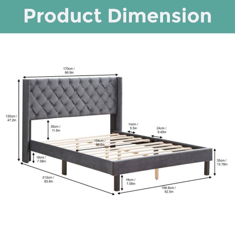 Wings Design bed frame Gray platform bed Velvet queen bed